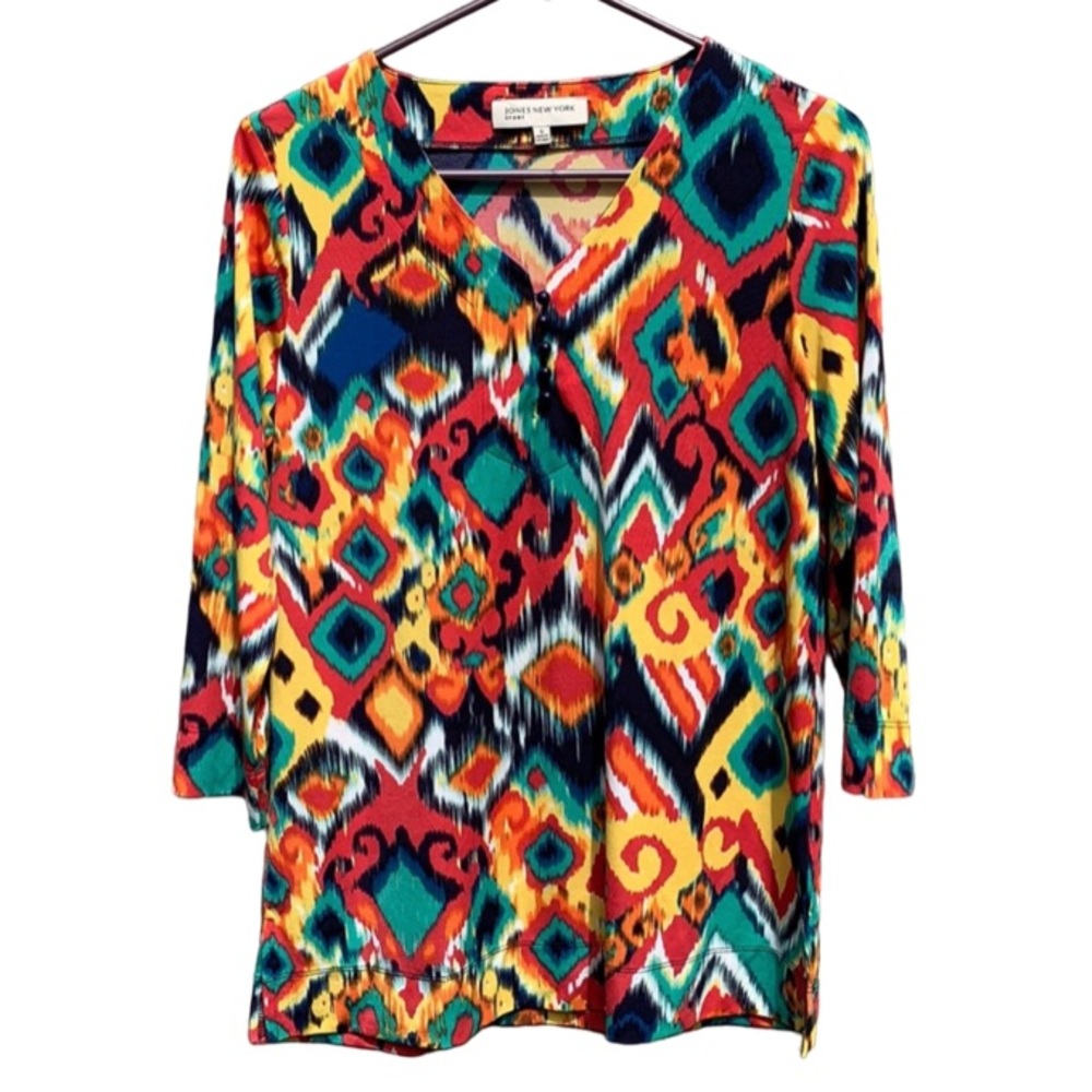 Jones New York Sport 3/4 Sleeve Top, Colorful, Size Small, Buttons Art to Wear
